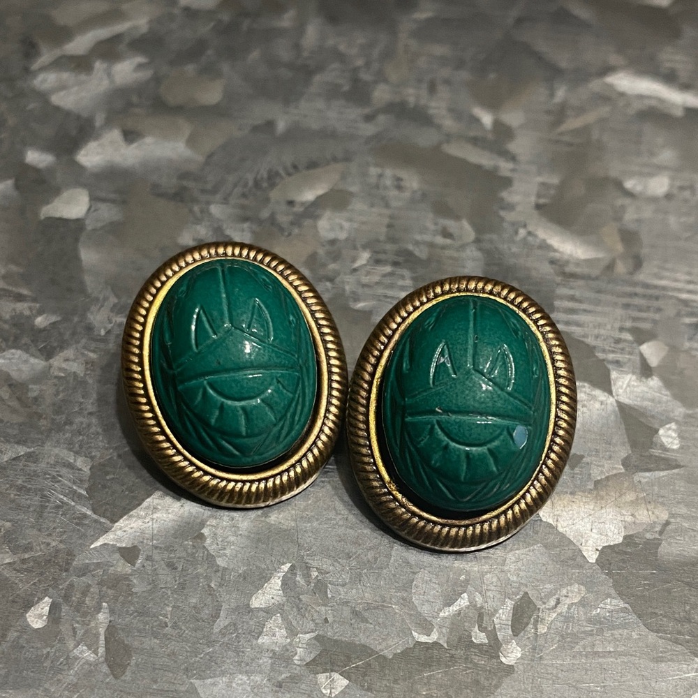 Green Scarab Oval Earrings with Gold-Tone Frame